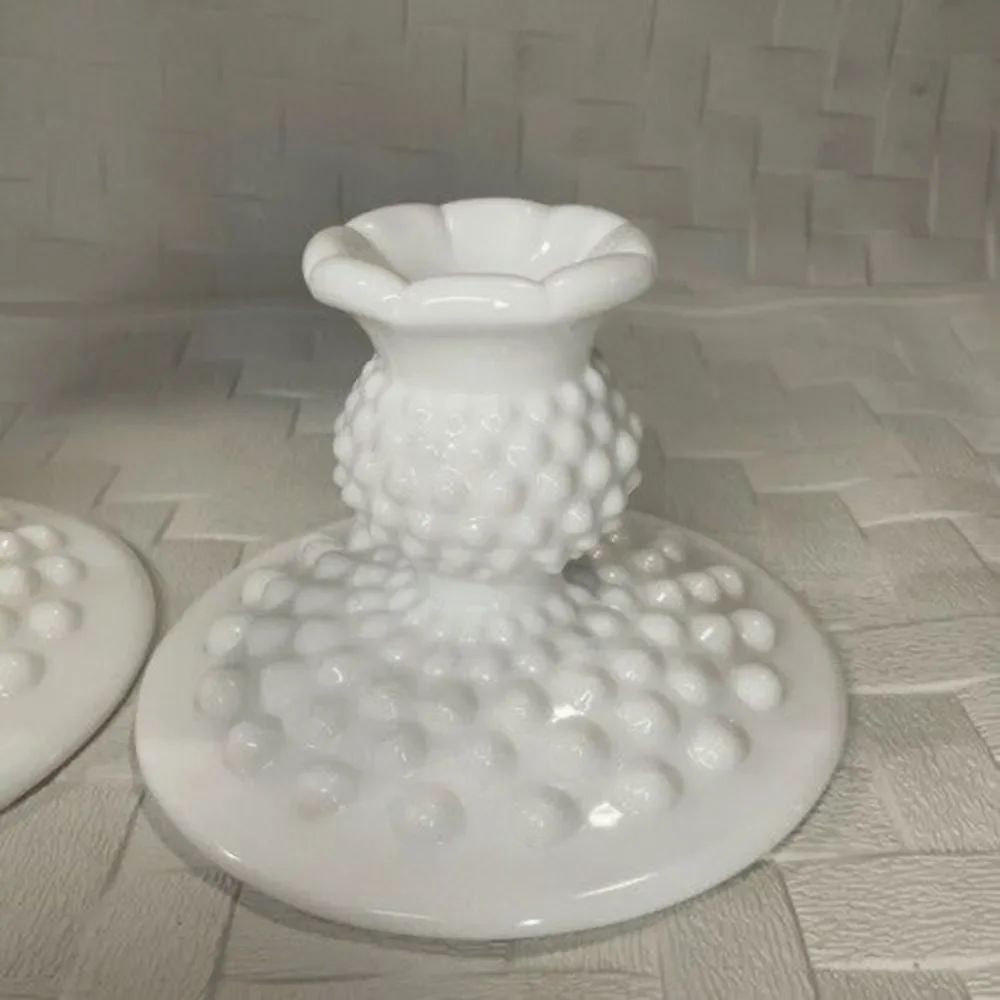 VTG Fenton Hobnail 2 Piece Candle Holder Set White Milk Glass Romantic Gift 3
